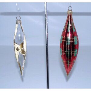 Two vintage handmade Glass Christmas ORNAMENTS gold & red, green 5.5-6.5" long
